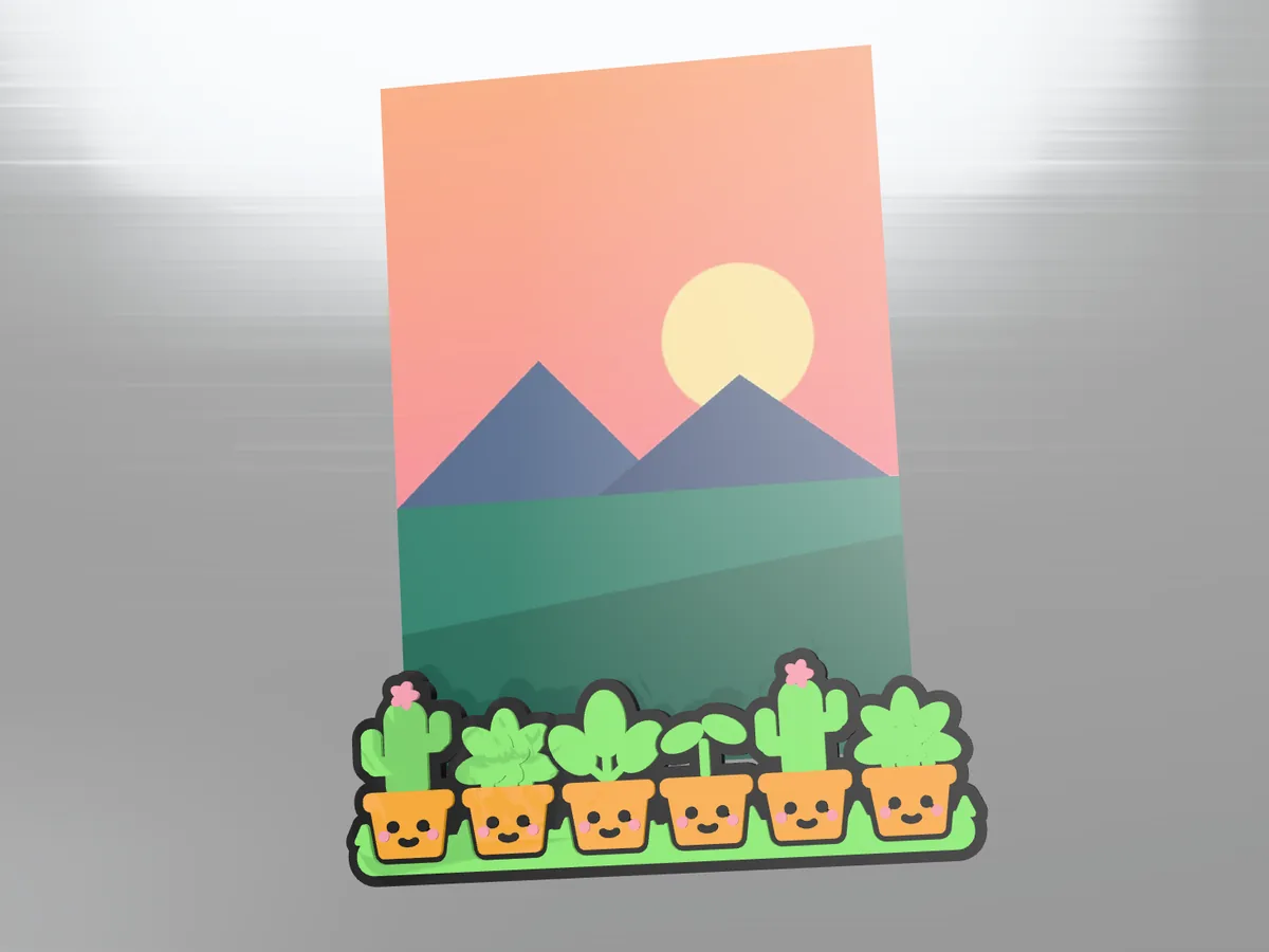 Photo fridge magnet with a row of green plant characters holding a sunset photo