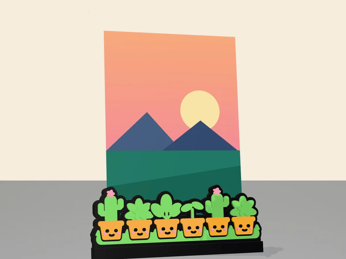 Photo stand with a row of green plant characters holding a sunset photo on a shelf